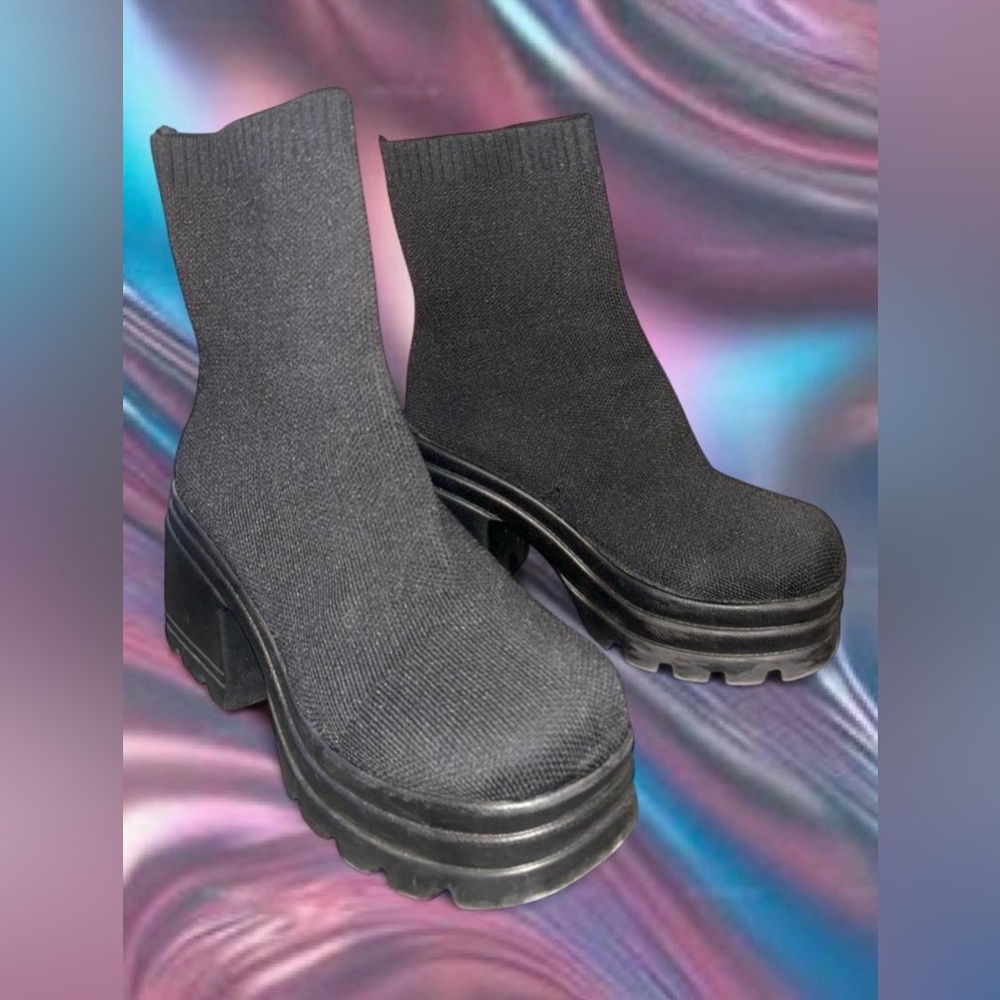 SOLD-Black Chunky Platform Knitted Boots Festival, Raves & Concert
